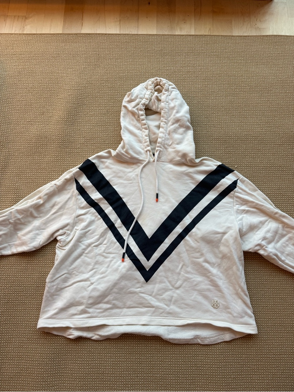 Tory Burch Cream Hoodie with Navy V-Stripes